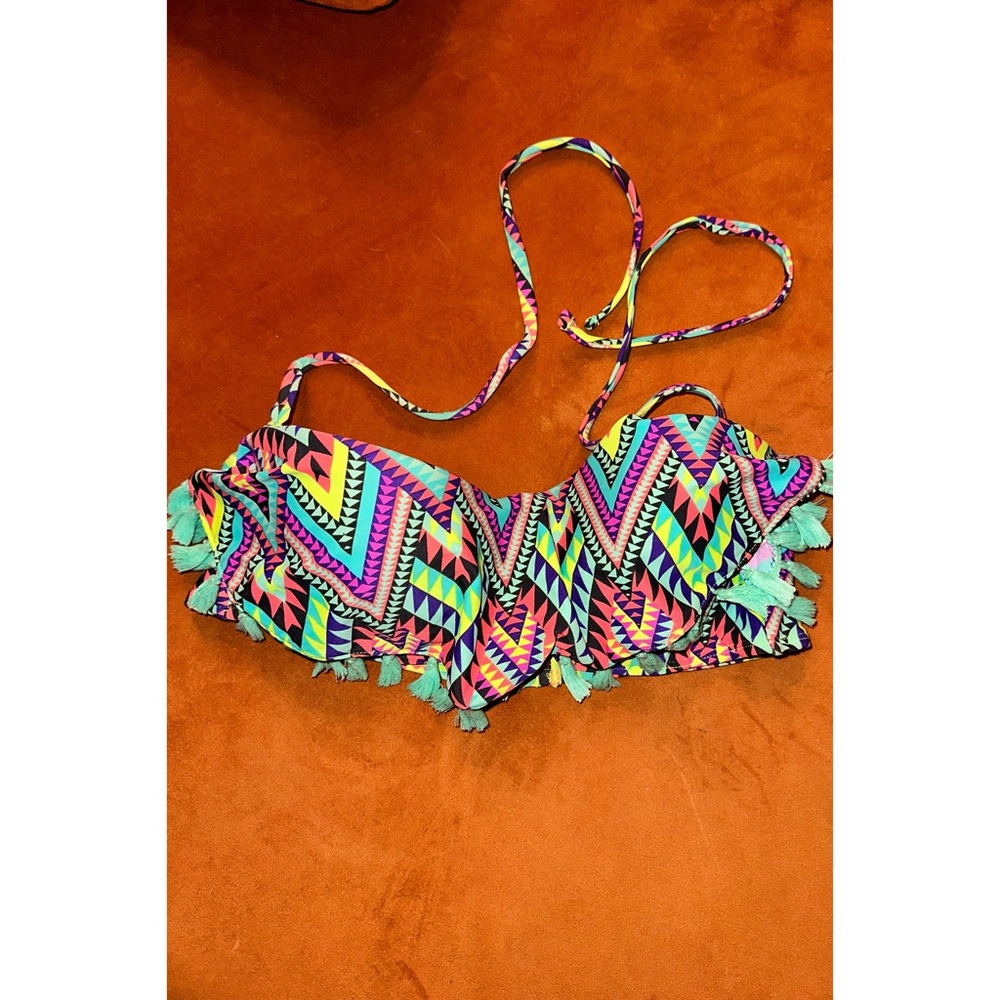 Vintage circa 2014, Neon Aztec, Fringe Bikini Top, Size Large - Picture 9 of 16